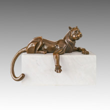 Animal Bronze Sculpture Relaxed Leopard Carving Deco Brass Statue Tpal-465